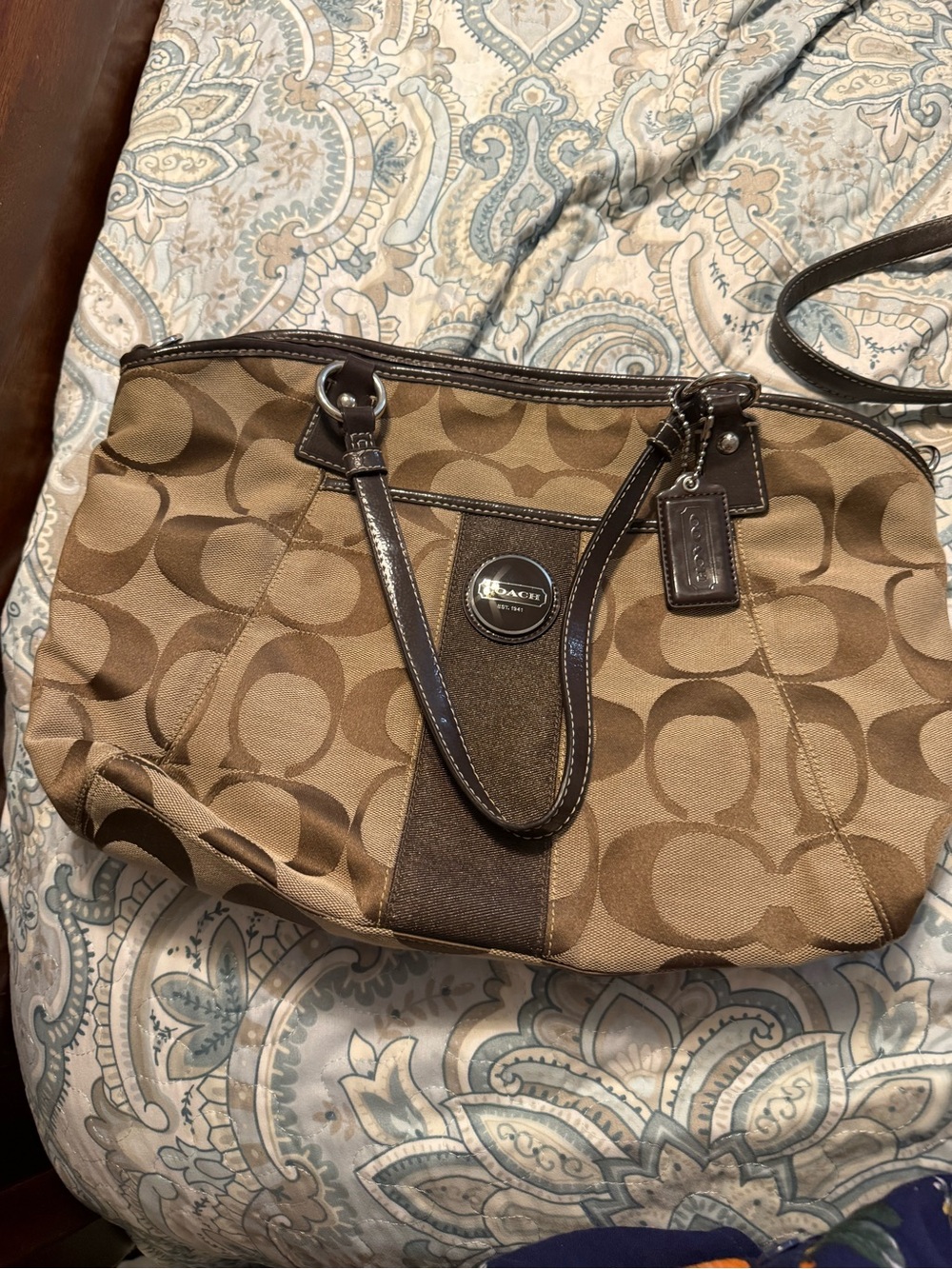 Coach Brown Canvas Signature Tote with Leather Trim